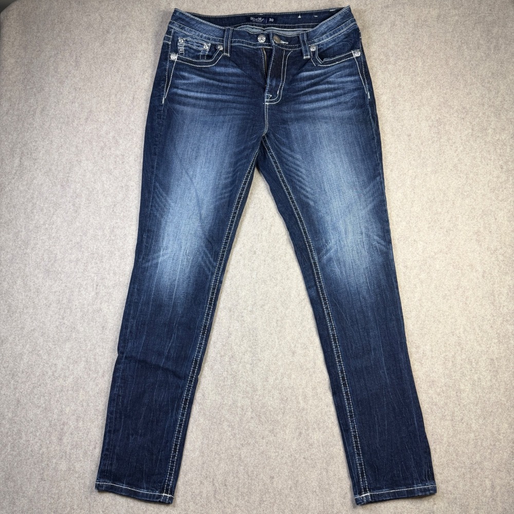 Miss Me Curvy Skinny Jeans 30 Dark Wash Embroidered Star Studded E3807VS3S